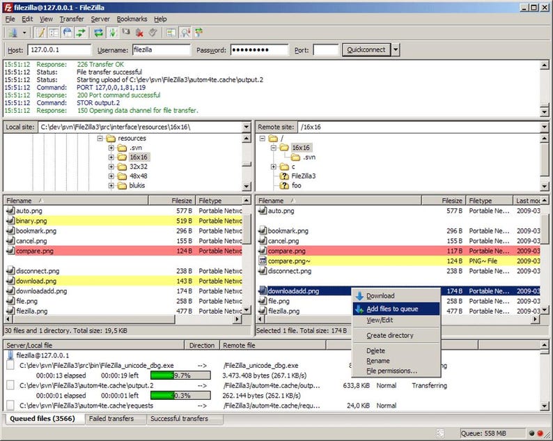 May include: A FileZilla software interface window displaying a file transfer session. The layout includes a top connection bar, local and remote directory trees, file lists with highlighted rows, and a bottom transfer queue showing progress bars.