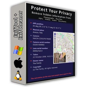 Könnte beinhalten: Eine Software-Box für ExifTool und ExifCleaner mit einem dunkelblauen Feld, dem Text Protect Your Privacy und einer Liste von Metadaten. Sie enthält eine Kartengrafik sowie Windows-, Apple- und Linux-Logos auf der hellgrauen Seitenfläche.