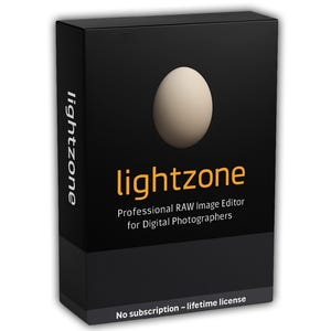 May include: A black rectangular software box for LightZone, a professional RAW image editor for digital photographers. The front features a beige oval graphic, the text lightzone in orange, and the footer text No subscription - lifetime license.