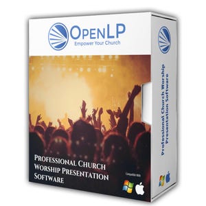 May include: A white software box for OpenLP featuring the text Empower Your Church and Professional Church Worship Presentation Software. The front displays a crowd at a concert with raised hands. The side includes the text Professional Church Worship Presentation Software and logos for Windows and Apple.