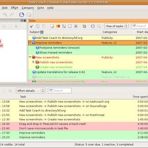 May include: A software interface for Task Coach displaying a task management window with a tree view of categories like Bug, Feature, and Publicity. The main panel lists tasks with dates, while the bottom panel tracks effort details, time spent, and revenue.