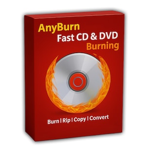 May include: A red software box for AnyBurn featuring the text Fast CD & DVD Burning and Burn | Rip | Copy | Convert. The center of the box displays a silver disc graphic surrounded by orange flames, with a red circle in the middle of the disc.