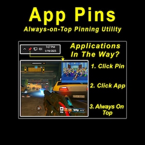 Può includere: Interfaccia software App Pins Always-on-Top Pinning Utility. Il grafico mostra una barra delle applicazioni con un'icona a forma di puntina rossa, una finestra video sovrapposta a un gioco sparatutto e un elenco numerato: 1. Click Pin, 2. Click App, 3. Always On Top.