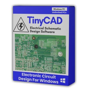 May include: A blue software box for TinyCAD electrical schematic design software. The front features a triangle with a lightning bolt icon, the text TinyCAD, Electrical Schematic Design Software, and Electronic Circuit Design For Windows.