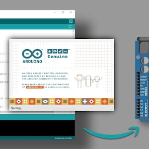 May include: An Arduino Uno microcontroller board in blue with a black integrated circuit, silver pins, and a USB port, displayed alongside a computer screen showing the Arduino IDE software interface with code and a project splash screen.