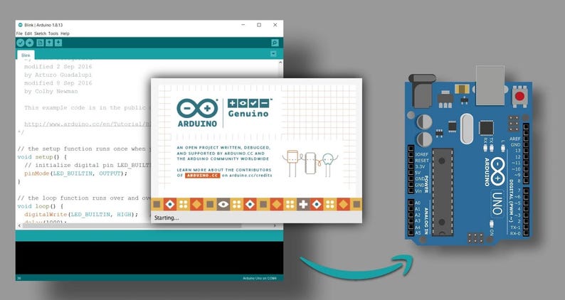 May include: An Arduino Uno microcontroller board in blue with a black integrated circuit, silver pins, and a USB port, displayed alongside a computer screen showing the Arduino IDE software interface with code and a project splash screen.