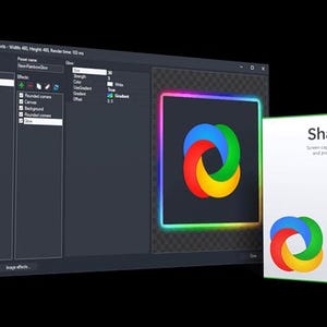May include: A software interface window titled ShareX displaying image effects settings with a list of presets, a preview pane showing a square with a neon rainbow glow, and a white box featuring the ShareX logo and text on the right side.