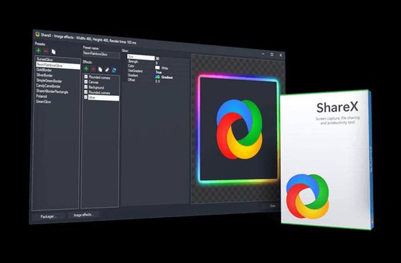May include: A software interface window titled ShareX displaying image effects settings with a list of presets, a preview pane showing a square with a neon rainbow glow, and a white box featuring the ShareX logo and text on the right side.
