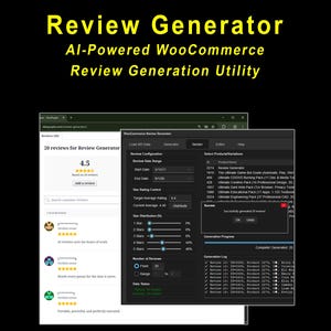 Könnte beinhalten: Eine Software-Oberfläche mit dem Titel Review Generator, ein KI-gestütztes WooCommerce-Tool zur Bewertungserstellung. Der Bildschirm zeigt ein Dashboard mit Konfigurationseinstellungen, Bewertungsreglern und einem Fortschrittsprotokoll.