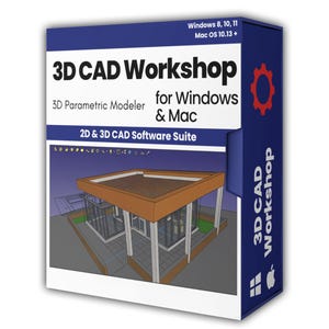 Pode incluir: Uma caixa de software azul para 3D CAD Workshop, um modelador paramétrico 3D para Windows e Mac. A frente exibe o título, requisitos do sistema e uma renderização arquitetônica 3D de um edifício com telhado marrom e pilares brancos.