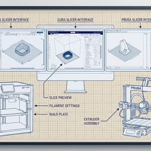 May include: A technical diagram on a grid background featuring a computer monitor displaying Orca, Cura, and Prusa slicer interfaces. Below are illustrations of a Bambu Lab 3D printer and a Prusa 3D printer with labels for slice preview, filament settings, build plate, and extruder assembly.