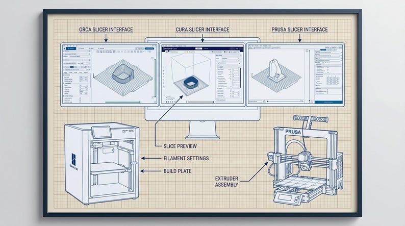 May include: A technical diagram on a grid background featuring a computer monitor displaying Orca, Cura, and Prusa slicer interfaces. Below are illustrations of a Bambu Lab 3D printer and a Prusa 3D printer with labels for slice preview, filament settings, build plate, and extruder assembly.