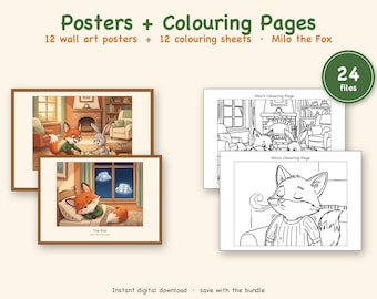 May include: A digital bundle featuring 12 wall art posters and 12 coloring pages titled Milo the Fox. The set includes colorful illustrations of a fox and rabbit in a living room and bedroom, alongside black and white line art versions.