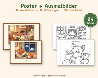 May include: A digital bundle featuring 12 colored posters and 12 black and white coloring pages of Milo the fox. The images depict a fox and rabbit in a living room and a sleeping fox in a bedroom. Text includes Poster + Ausmalbilder.