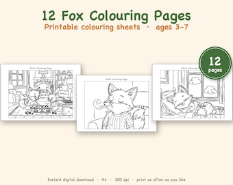 May include: A set of 12 Fox Colouring Pages featuring printable coloring sheets for ages 3-7. The black and white line art shows a fox playing a board game with a rabbit, a fox breathing, and a fox sleeping in a bed. Text includes 12 Fox Colouring Pages, Printable colouring sheets, ages 3-7, Mila's Colouring Page, 12 pages, Instant digital download, A4, 300 dpi, print as often as you like.