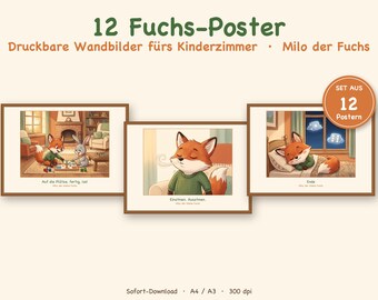 May include: A set of 12 printable fox posters titled 12 Fuchs-Poster, featuring illustrations of a fox named Milo. The images show the fox playing a board game, breathing, and sleeping in bed. Text includes Auf die Plätze, fertig, los, Einatmen, Ausatmen, and Ende.
