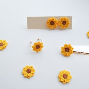 Sunflower Jewellery Set, Sunflower Earrings, Sunflower Ring, Sunflower Hair Pin, Crochet Jewellery Set, Handmade Sustainable Jewellery Set zdjęcie 1