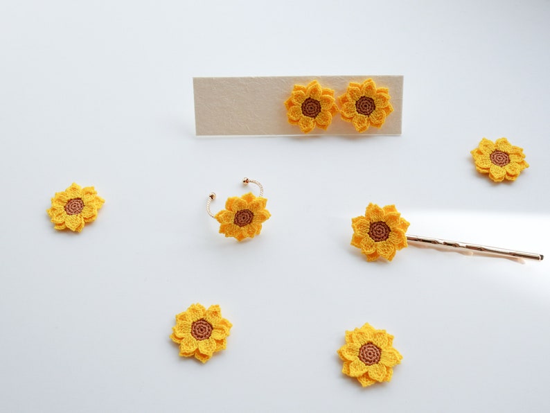 Sunflower Jewellery Set, Sunflower Earrings, Sunflower Ring, Sunflower Hair Pin, Crochet Jewellery Set, Handmade Sustainable Jewellery Set zdjęcie 1