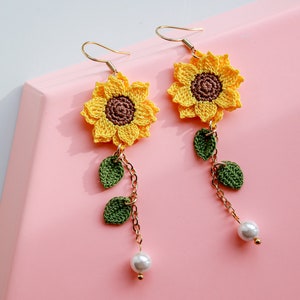 Sunflower Drop Earrings, Crochet Sunflower Earrings, Handmade Floral Earrings, Micro Crochet Earrings, with Dangle Pearls and Golden Hooks