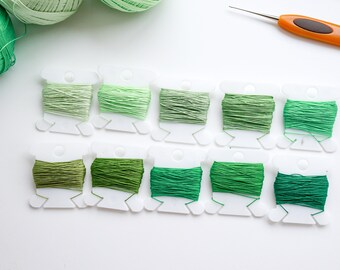 Lace yarn value pack 10 colours, green to sage palette cordonnet, cotton thread for crochet, tatting, miniature amigurumi