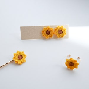 Sunflower Jewellery Set, Sunflower Earrings, Sunflower Ring, Sunflower Hair Pin, Crochet Jewellery Set, Handmade Sustainable Jewellery Set Set