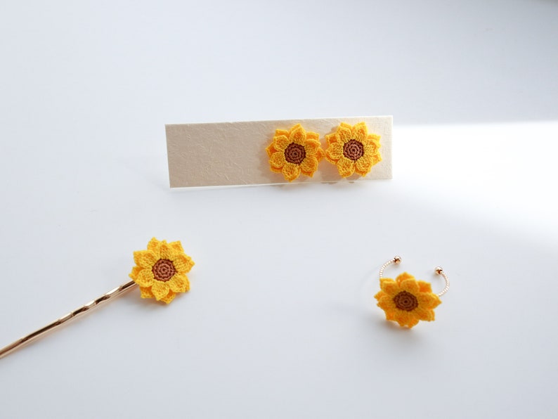 Sunflower Jewellery Set, Sunflower Earrings, Sunflower Ring, Sunflower Hair Pin, Crochet Jewellery Set, Handmade Sustainable Jewellery Set Set