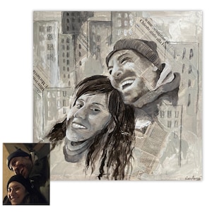 Ritratto personalizzato dipinto da foto, pittura da foto, ritratto di coppia con fogli di giornale,  quadro dipinto a mano acrilico e carta