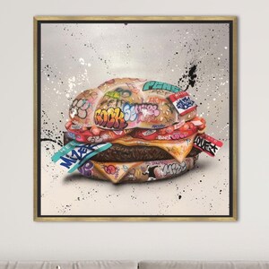 Graffiti Art Wall Decor, Hamburger Canvas Poster, Banksy Art, Wedding Decor, Contemporary Art, Street Art Canvas, Glass Art Gift,