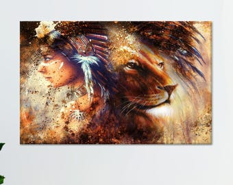 Native Spirit Woman And Lion Canvas Art, Spiritual Wildlife Portrait Wall Decor, Boho Ethnic Power Artwork Print