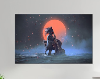 Music Room Wall Hanging, Abstract Glass Art, Moonscape Canvas Poster, Man Playing Cello at Sea Painted Glass, Holiday Decor,