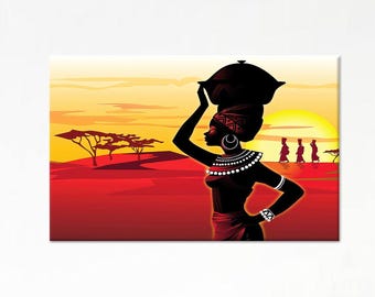 African Woman Silhouette Wall Table, African Sunset Glass Wall Art, Ethnic Canvas Art, Woman Art Canvas, Large Canvas,