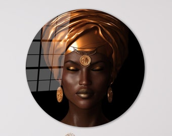 African Woman Tempered Glass Wall Art: Golden Portrait