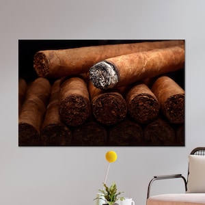 Luxury Cigar Stack Canvas Wall Art, Rustic Tobacco Cotton Poster Print, Smoked Cigar Close-Up Decor for Bar Lounge or Office Man Cave