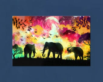 Elephant Lover Gift Wall Art, Three Elephants Painting Glass Decor, Animal Canvas, Colorful Clouds Wall Art, Personalized Gift Box,
