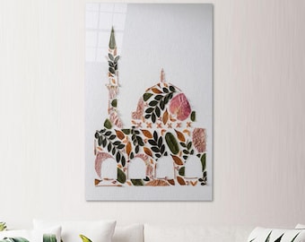Floral Mosque Canvas , Minimal Islamic Glass Wall Art, Islamic Art Painted Glass, Floral Islamic Art Painted Glass, Ramadan Eid Gift Glass,