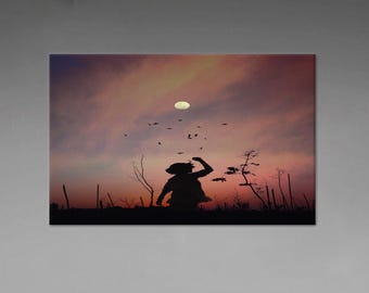 Sky Landscape Tempered Glass, Beautiful Sky Glass Art, Girl Silhouette and Flying Birds Canvas, Modern Printed, Large Canvas,