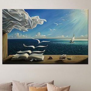 Famous Wall Table, Salvador Dali Book to Birds Art, Modern Glass Art Wall Decor, Surreal Wall Hanging, Wall Art Prints, Canvas Wall Decor,