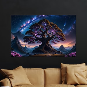 Galaxy Tree Canvas Wall Art, Mystical Night Landscape Poster with Stars, Fantasy Spiritual Nature Print for Bedroom, Meditation Room