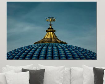 Allah Calligraphy Canvas, Islamic Symbol Art Glass Art Wall Decor, Muslim Home Wall Table, Gold 3D Canvas, Blue Canvas Print,