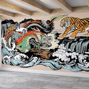 Stick On Wallpaper, Japanese Wall Paper, Wall Covering, Gift Wallpaper, Japanese Tiger and Dragon Paper Art, Yin Yang Wall Poster,