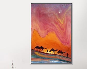Muslim Gift Art Glass, Orange Glass Wall, Nomadic Wall Art Tempered Glass, Muslims Decor, Islamic Art Wall Hanging, Camels In Desert Art