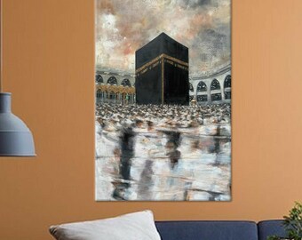 Mecca Art Glass Art, Kaaba With Muslims Poster, Islamic Art Glass Art, Contemporary Art, Islamic Canvas Decor, Personalized Gift For Muslims