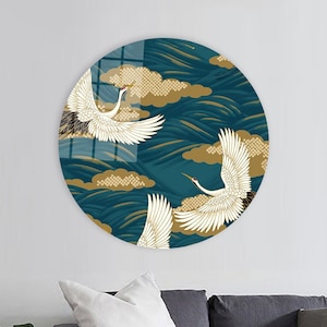 Animal Glass Art Wall Decor, Japanese Art Crane Birds Canvas Art, Crane Birds Canvas Decor, Animal Canvas Print, Wall Hanging Glass Decor,