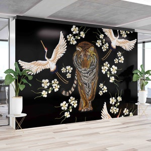 Animal Wall Print, Japanese Tiger Wallpaper, Cranes Wall Decals, Japanese Mural, Crane Wall Poster, Modern Wall Paper, Gift Wallpaper,