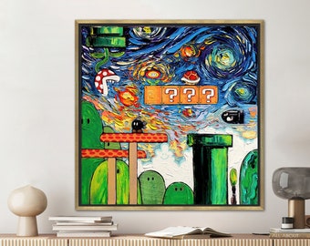 May include: A digital painting of a video game level from the Super Mario Bros. franchise, styled after Vincent van Gogh's Starry Night. The level features a green pipe, a question block with three question marks, and a Goomba enemy. The background is a swirling blue sky with stars.