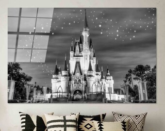 Cinderella Castle Art, Starry Sky Wall Decoration, Kids Room Glass Wall, Disneyland Glass, 3D Wall Art Poster, Black and White Wall Art,