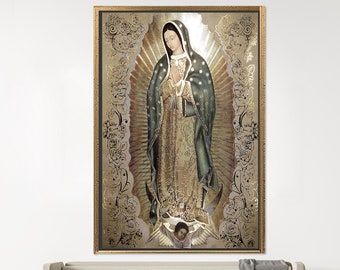 The Virgin Of Guadalupe Poster, Modern Art, Modern 3D Canvas, Lady Wall Decor, Bridesmaid Gift Art Wall Decor, Gold Framed Wall Art,