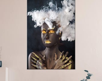 Smoking Artwork, Black Girl Wall Hanging, Glass Art Wall Decor, Modern Canvas, African Woman with Smoke Canvas Gift, Bedroom Decor,