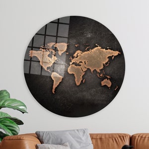 Map Poster, Modern Map Wall Decoration, Classroom Glass Decor, Abstract World Map Artwork, Bridesmaid Gift Glass Wall Art, Gold Framed Decor
