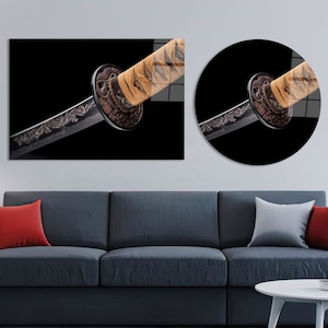 Modern Stained Glass Printing, Blade Canvas Decor, Katana Blade Wall Decor, Asian Katana Glass Printing, Gold Framed Wall Art, Loft Wall Art